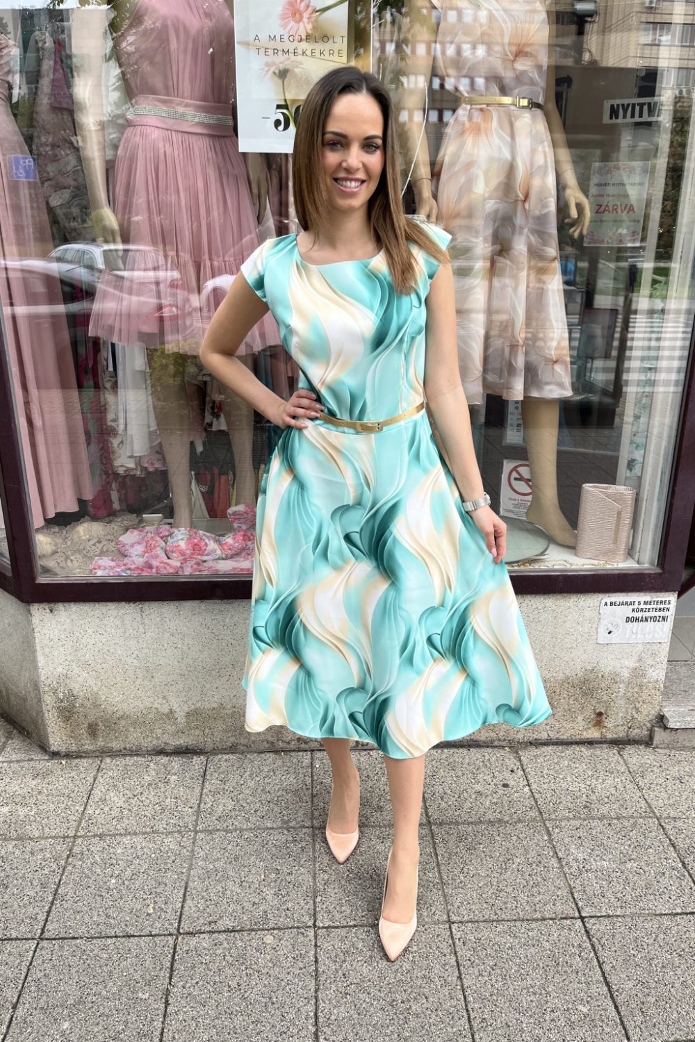 Gotta öves, virágmintás alkalmi midi ruha – zöld