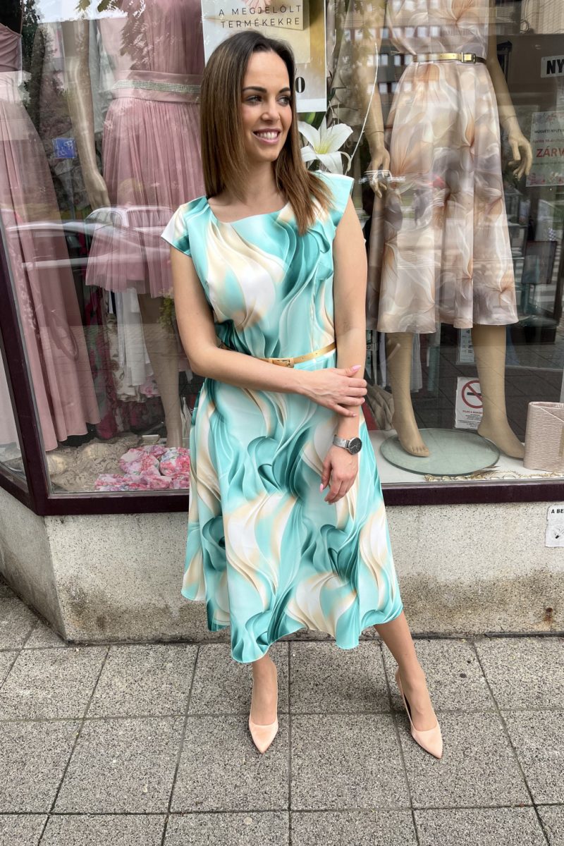 Gotta öves, virágmintás alkalmi midi ruha – zöld