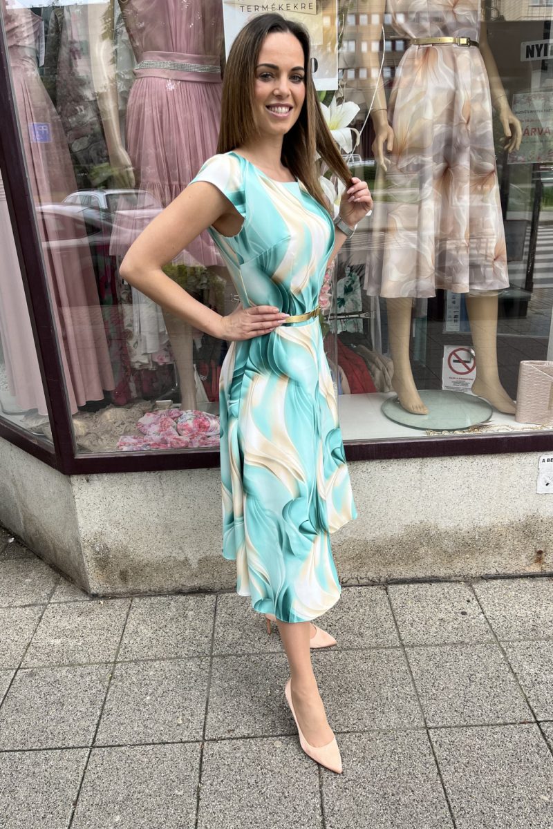 Gotta öves, virágmintás alkalmi midi ruha – zöld