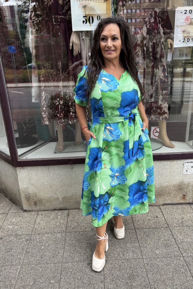 Jenny V-nyakú, elől megkötős, hátul cipzáros midi ruha - zöld/kék