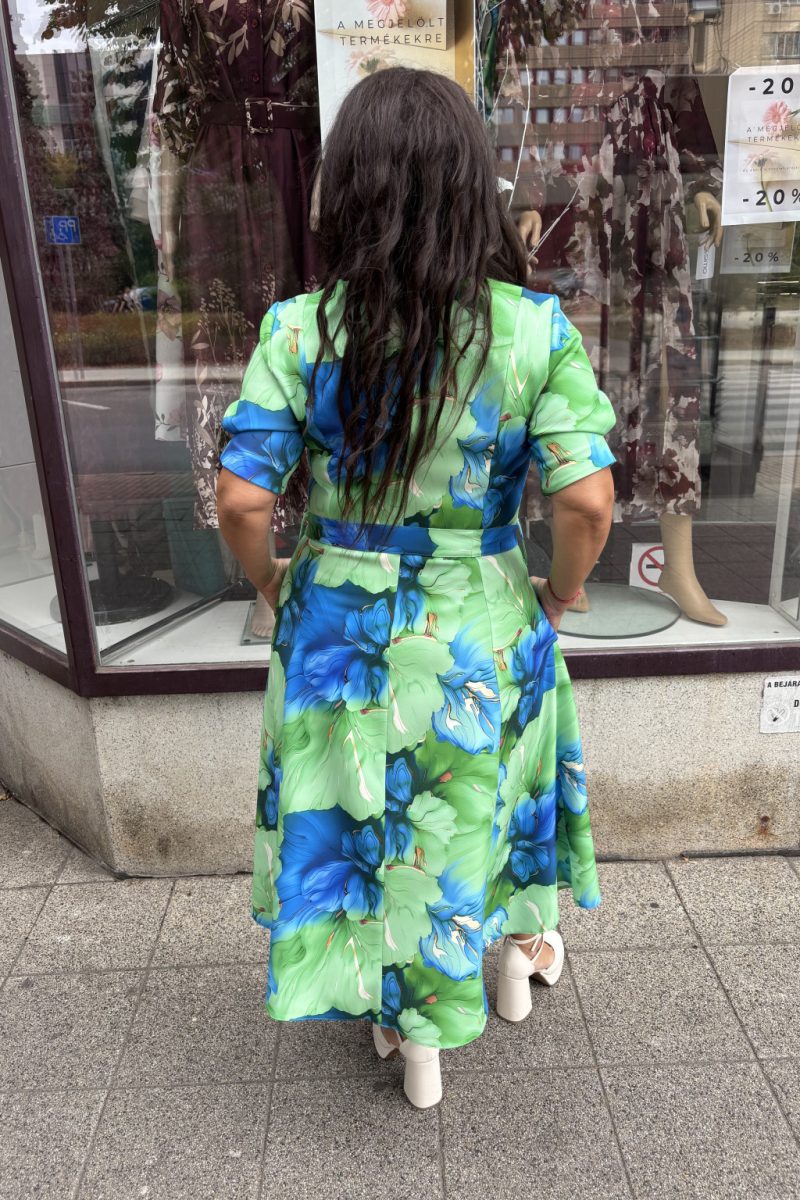 Jenny V-nyakú, elől megkötős, hátul cipzáros midi ruha - zöld/kék