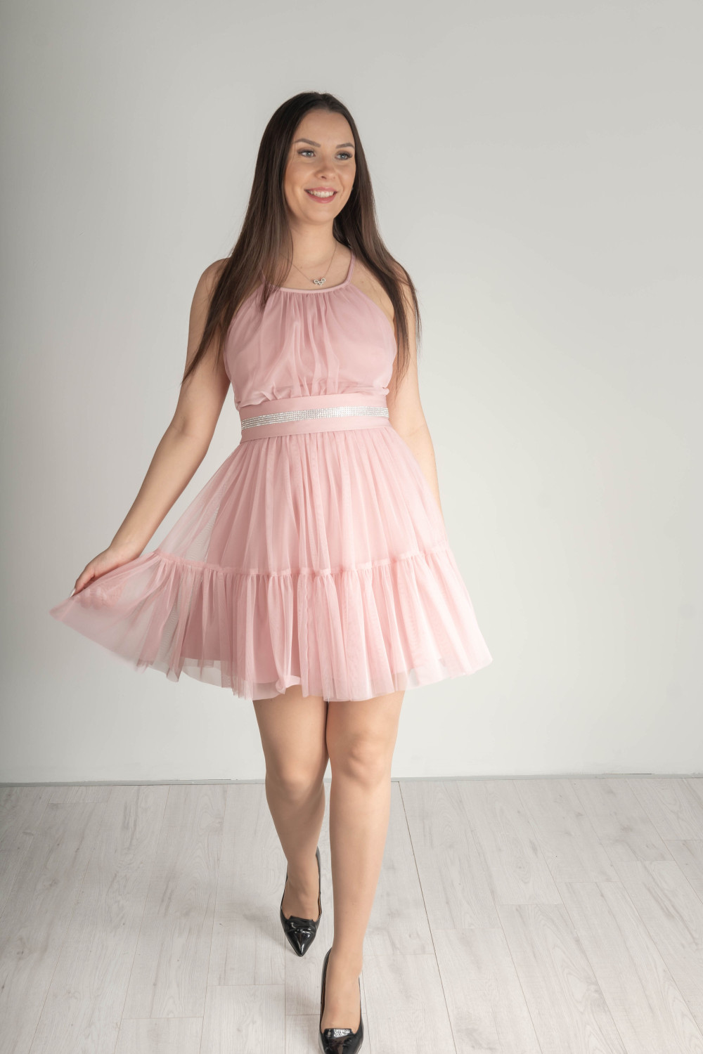   „Sharon” nyakbakötős alkalmi ruha strasszköves övvel – mályvaszínű