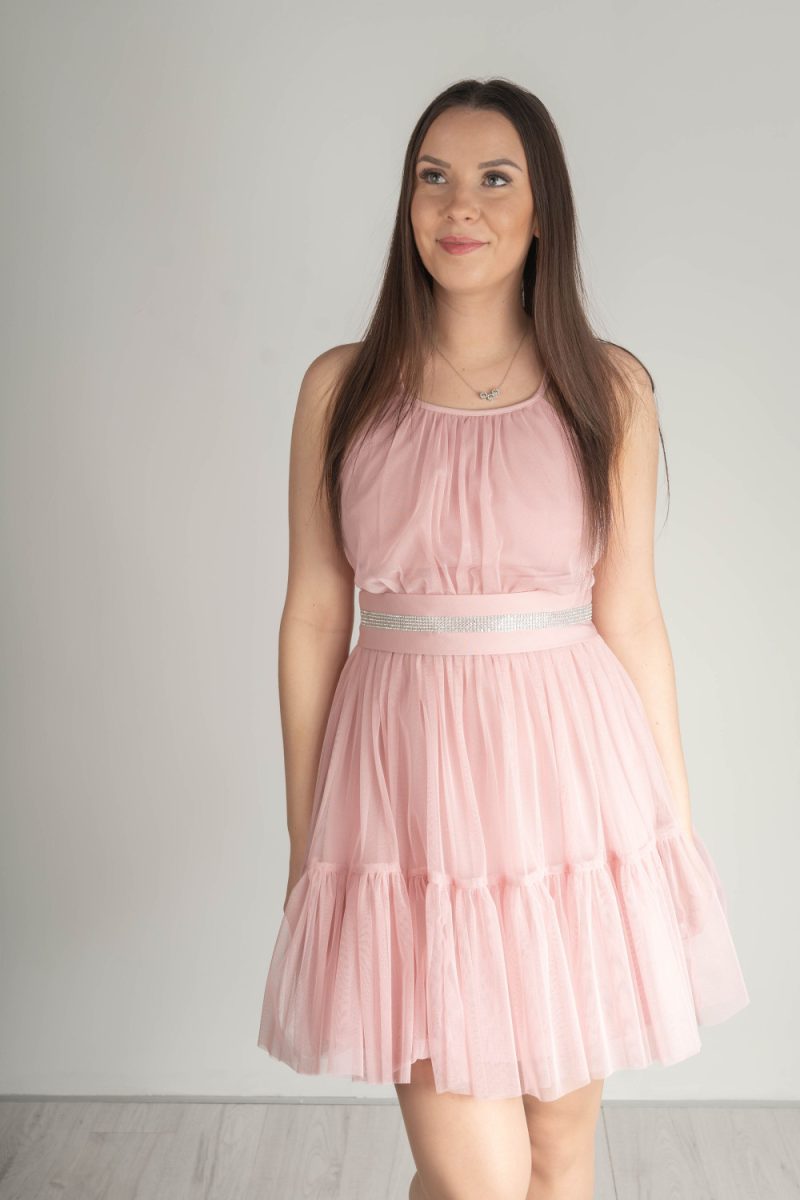 „Sharon” nyakbakötős alkalmi ruha strasszköves övvel – mályvaszínű